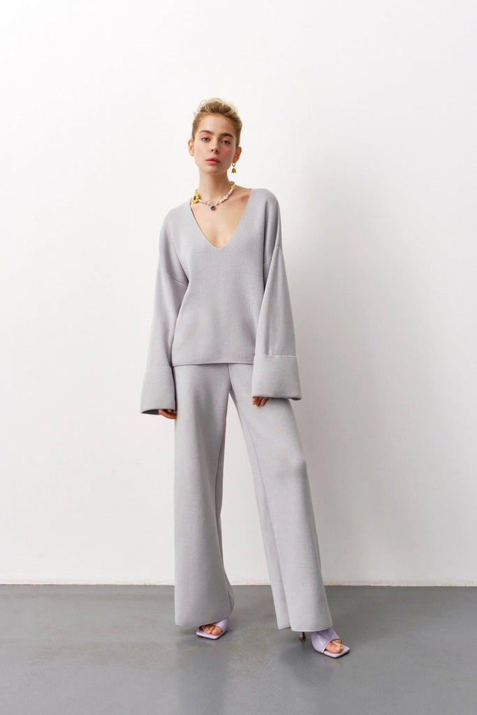 Flare Leg Lounge Set with Loose Cut Pullover in Grey, - shopdyi.com