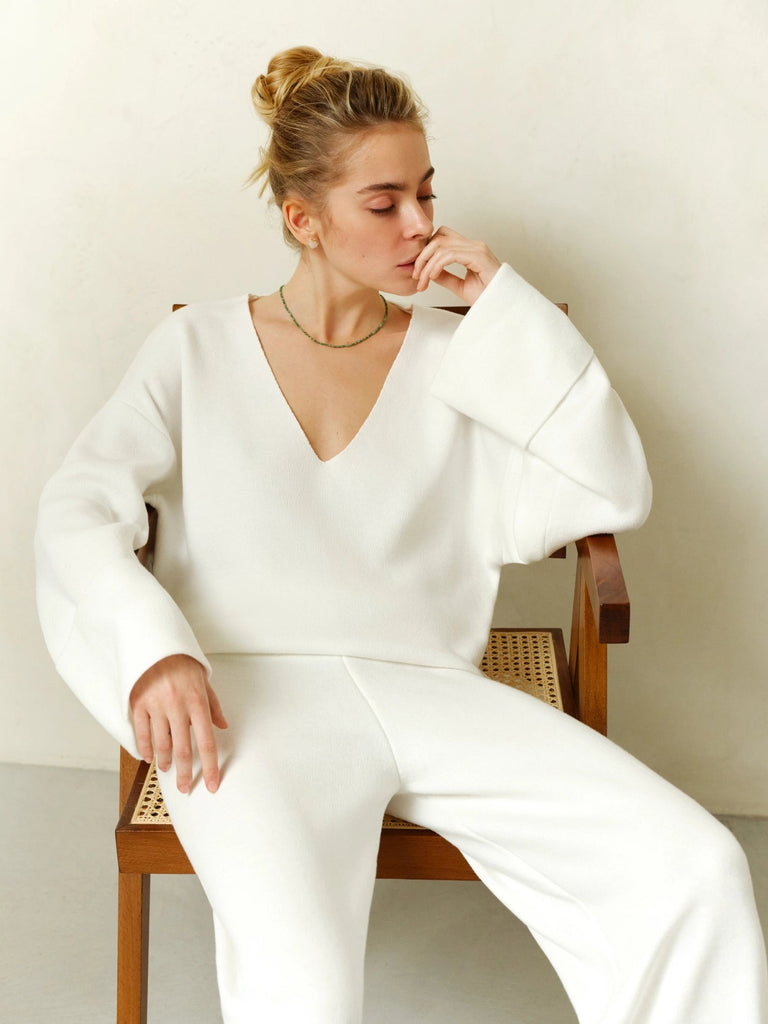 Flare Leg Lounge Set with Loose Cut Pullover in Milk, - shopdyi.com